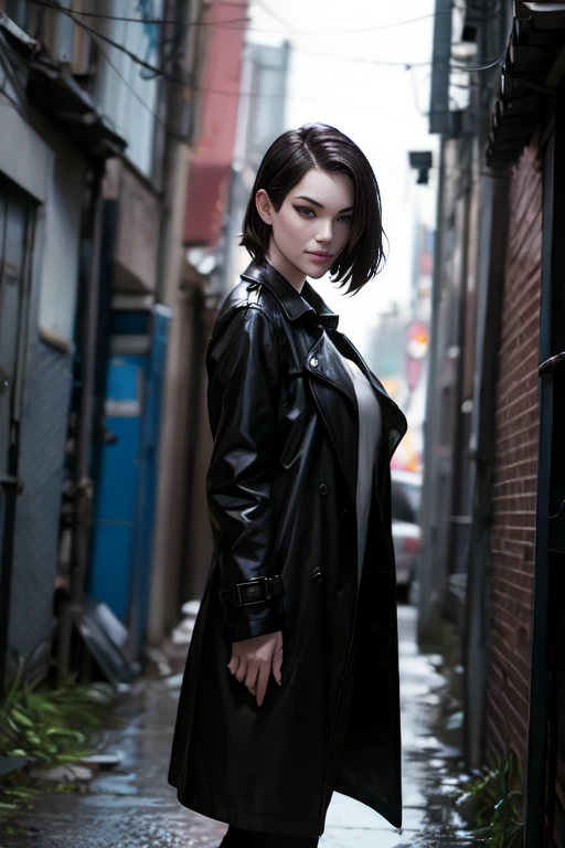 Stoya dans une ruelle sombre, son trench-coat noir flotte au vent alors qu&#39;elle regarde par-dessus son épaule avec un sourire narquois - une espionne parfaite dans le style d&#39;un film noir.