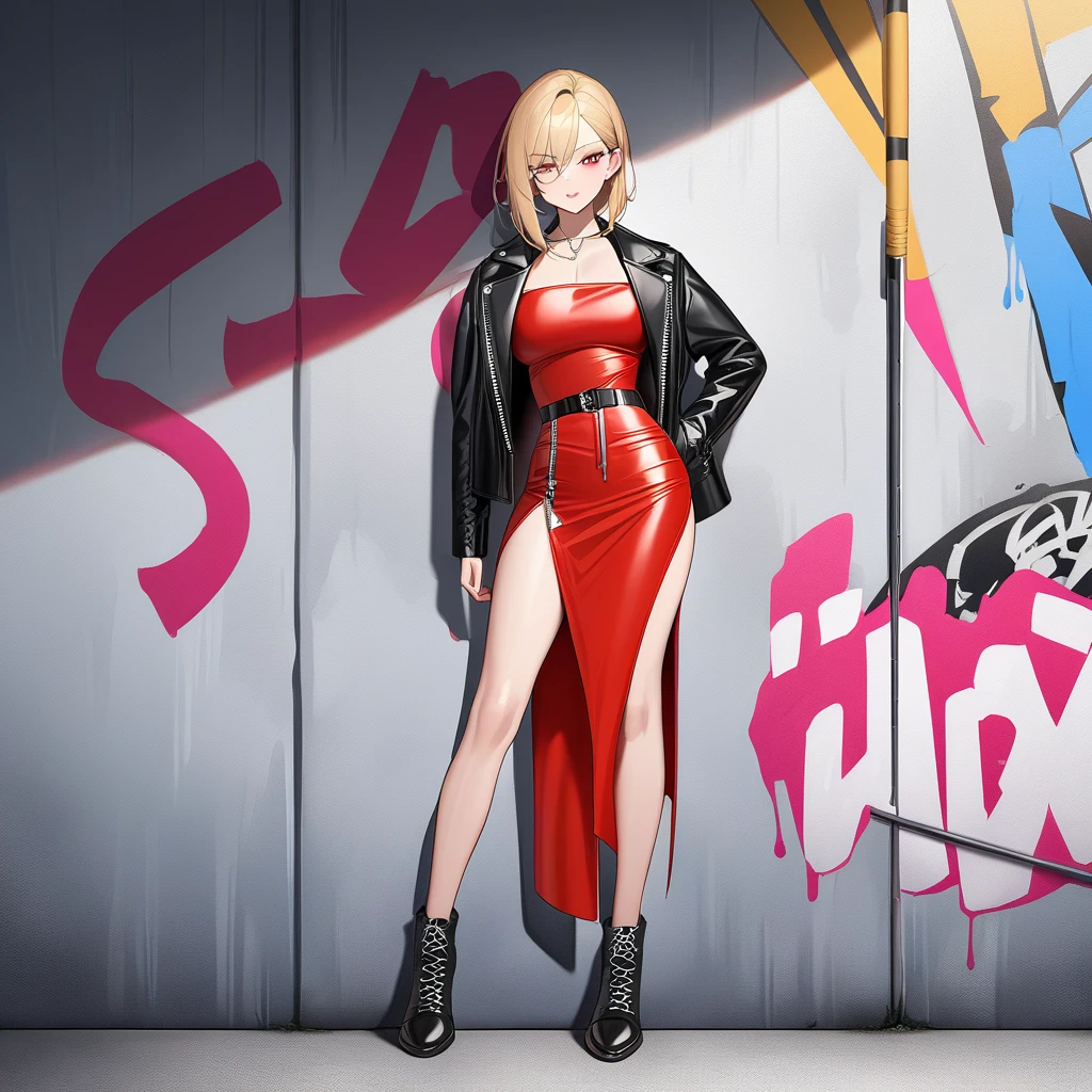 masterpiece, best quality, very aesthetic, absurdres，A woman in her late 20s with short, blonde hair, wearing a black leather jacket with silver zippers and a fitted red dress with a high slit. She is wearing black ankle boots with silver buckle details and has a confident and stylish expression. She is standing in front of a graffiti wall with a cool and edgy vibe.