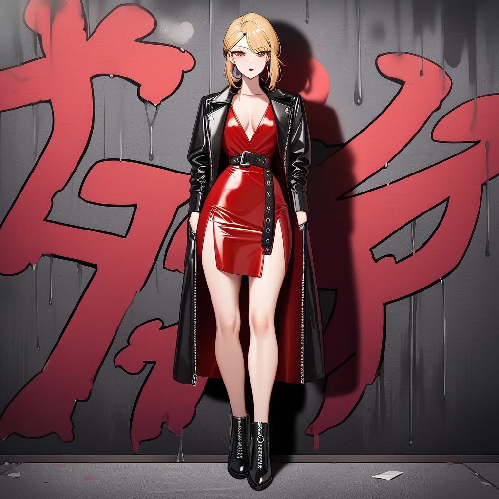 masterpiece, best quality, very aesthetic, absurdres，A woman in her late 20s with short, blonde hair, wearing a black leather jacket with silver zippers and a fitted red dress with a high slit. She is wearing black ankle boots with silver buckle details and has a confident and stylish expression. She is standing in front of a graffiti wall with a cool and edgy vibe.