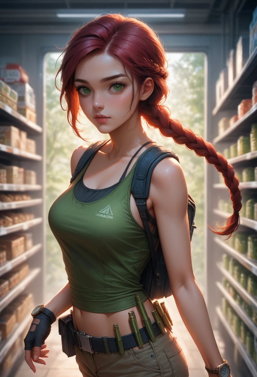 8k resolution, depth of field, lens flare, photorealistic,((best quality)), (((intricate details))), highly detailed, (((cinematic effect))), looking at viewer,A young red-haired woman usually dressed in a tank top, often olive green or black, tight-fitting and sleeveless, allowing freedom of movement. She wears shorts or cargo pants, usually khaki or dark green in color, with several pockets to store her equipment. His outfit includes a utility belt with a buckle, pistols in a holster on each side, and additional pouches for ammo and tools. She wears sturdy combat boots that provide ankle support and grip for climbing and running. Lara also wears fingerless gloves, a watch, and a backpack to carry larger items. Her hair is usually tied into a practical ponytail or braid. , emphasizing his desire for adventure in the Amazon forest,no anatomical defects, fine details, dynamic lighting, high quality.