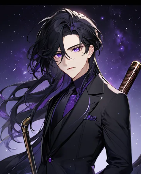 (black_hair), (long_male_hair), (deep_purple_eyes), (detailed_eyes), (attractive), (emotionless), (deep_space_background), (male...