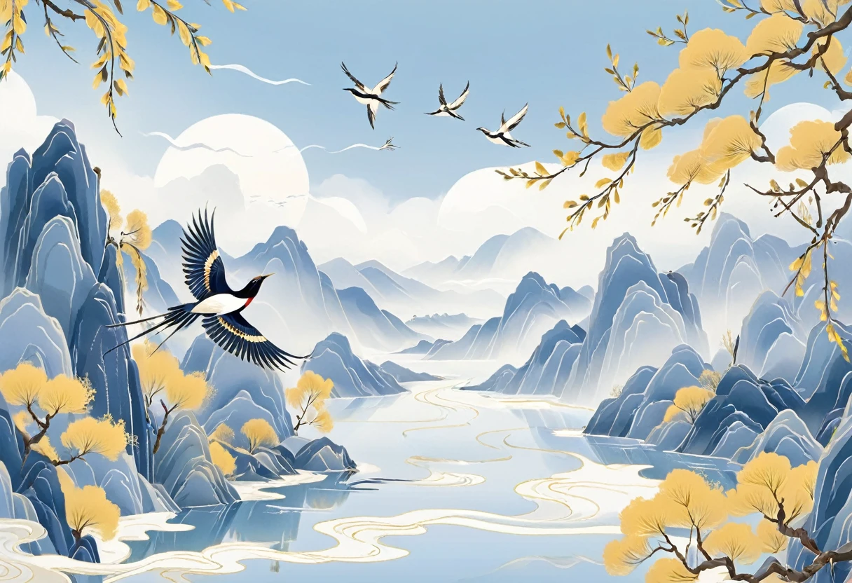 Minimalism，(Golden section composition), (Golden Ratio),Minimalism， Mountain, river, willow，Magpie，Willow branches，willow枝条， spring, Sky, cloud, cartoon, Flat illustration，Chinese style，Chinese，GCCH