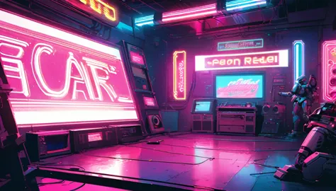 stage atmosphere, sci-fi style sound system, neon lights, robots, neon lights, 80s era