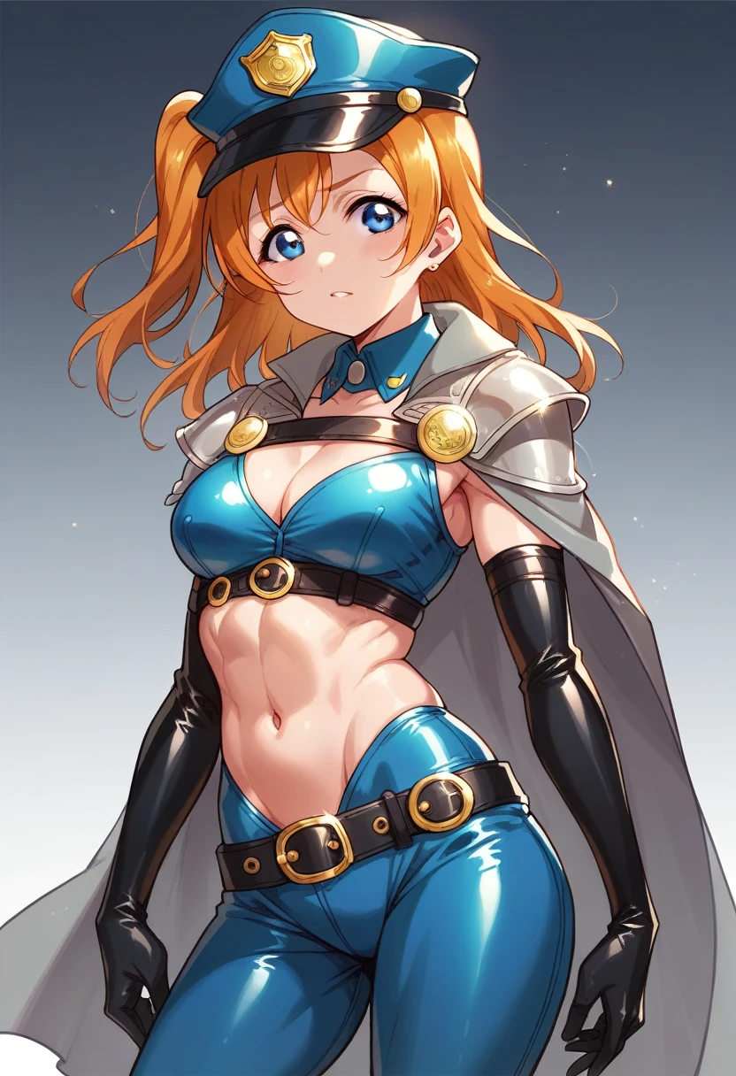 Honoka kousaka love live, blue eyes, orange hair, solo, Fashion , latex bodysuit, belt, police cap, shoulder armor,gray cape , toned stomach , cowboy shot