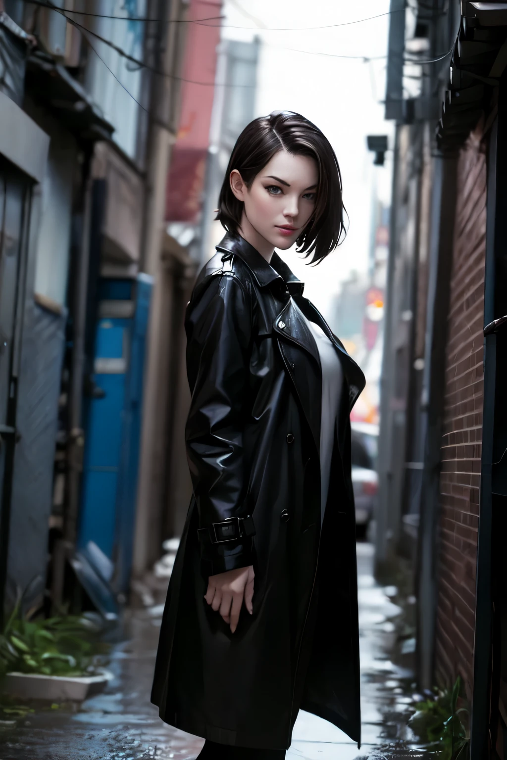 Stoya in a dark alley, her black trench coat billowing in the wind as she glances over her shoulder with a sly smile - a perfect film noir-style female  spy.