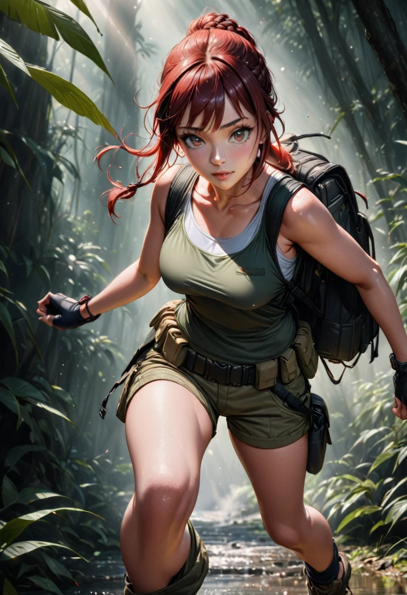 8k resolution, depth of field, lens flare, photorealistic,((best quality)), (((intricate details))), highly detailed, (((cinematic effect))), looking at viewer,A young red-haired woman usually dressed in a tank top, often olive green or black, tight-fitting and sleeveless, allowing freedom of movement. She wears shorts or cargo pants, usually khaki or dark green in color, with several pockets to store her equipment. His outfit includes a utility belt with a buckle, pistols in a holster on each side, and additional pouches for ammo and tools. She wears sturdy combat boots that provide ankle support and grip for climbing and running. Lara also wears fingerless gloves, a watch, and a backpack to carry larger items. Her hair is usually tied into a practical ponytail or braid. , emphasizing his desire for adventure in the Amazon forest,no anatomical defects, fine details, dynamic lighting, high quality.