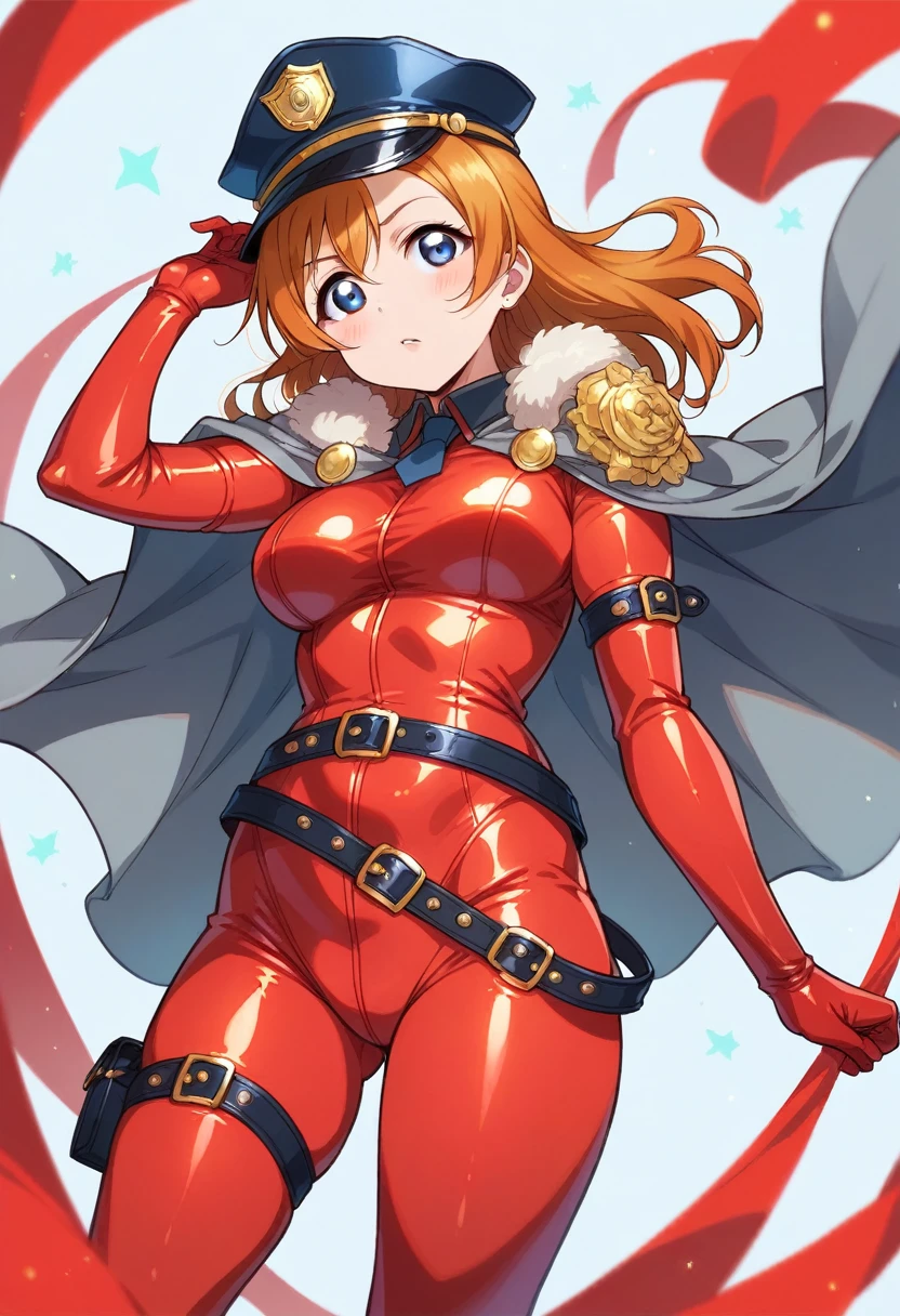 Honoka kousaka love live, blue eyes, orange hair, solo, Fashion , red latex bodysuit, belt, police cap, shoulder armor,gray cape , curvy body, cowboy shot