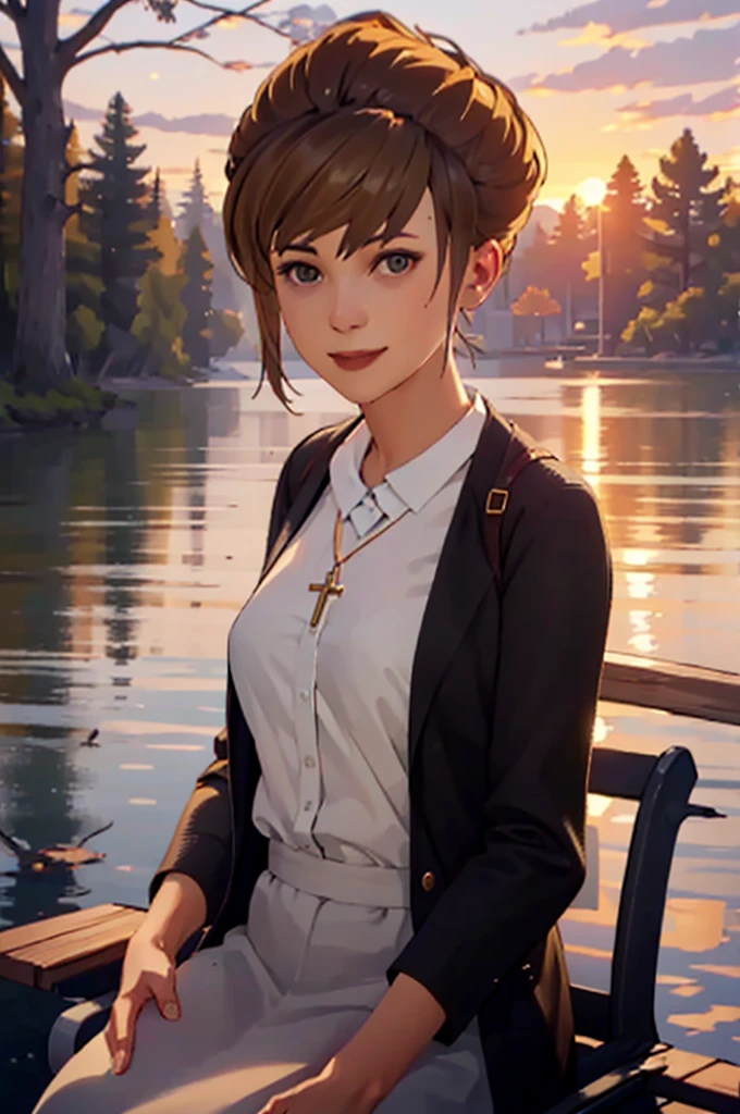 (highres, best quality:1.3), kat3LIS, dark blonde hair, hazel eyes, slender, looking at viewer, warm inviting smile, dark wool blazer, bra white, blouse opened, beautiful boobs, cross necklace, upper body, outdoors, sunrise. Kate is sitting on a wooden bench. The camera angle is lateral, capturing part of her face and body, along with the bench and her hands clasped together, resting on her lap. She has a distant look in her eyes. Birds are flying in the background, complementing the scene of a lake and some trees in front of her. The overall mood is serene and contemplative.