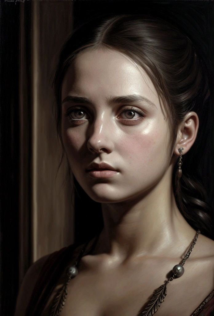 1girl,ancient greek philosopher,deep introspective gaze,piercing eyes,chiaroscuro lighting,dramatic shadows,moody atmosphere,oil painting,photorealistic,highly detailed,cinematic composition,masterpiece