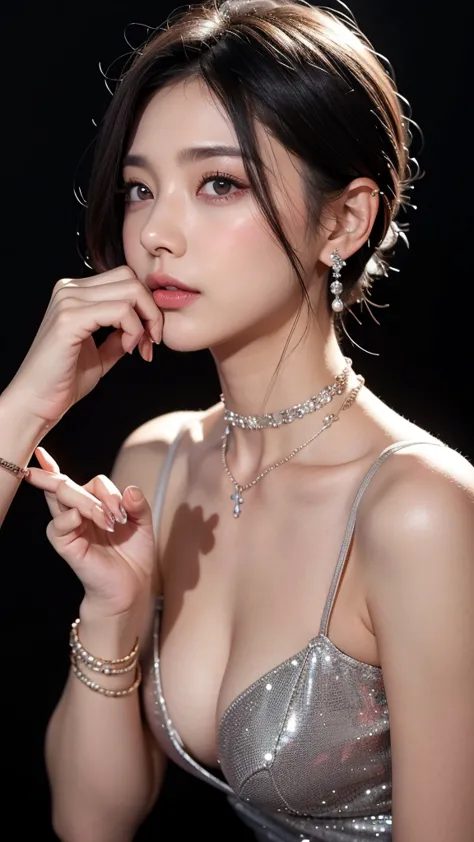 necessity, alone, 1 girl, 검은 fingernail, jewel류, short hair, looking at viewer, choker, necklace, piercing, ((black background))...