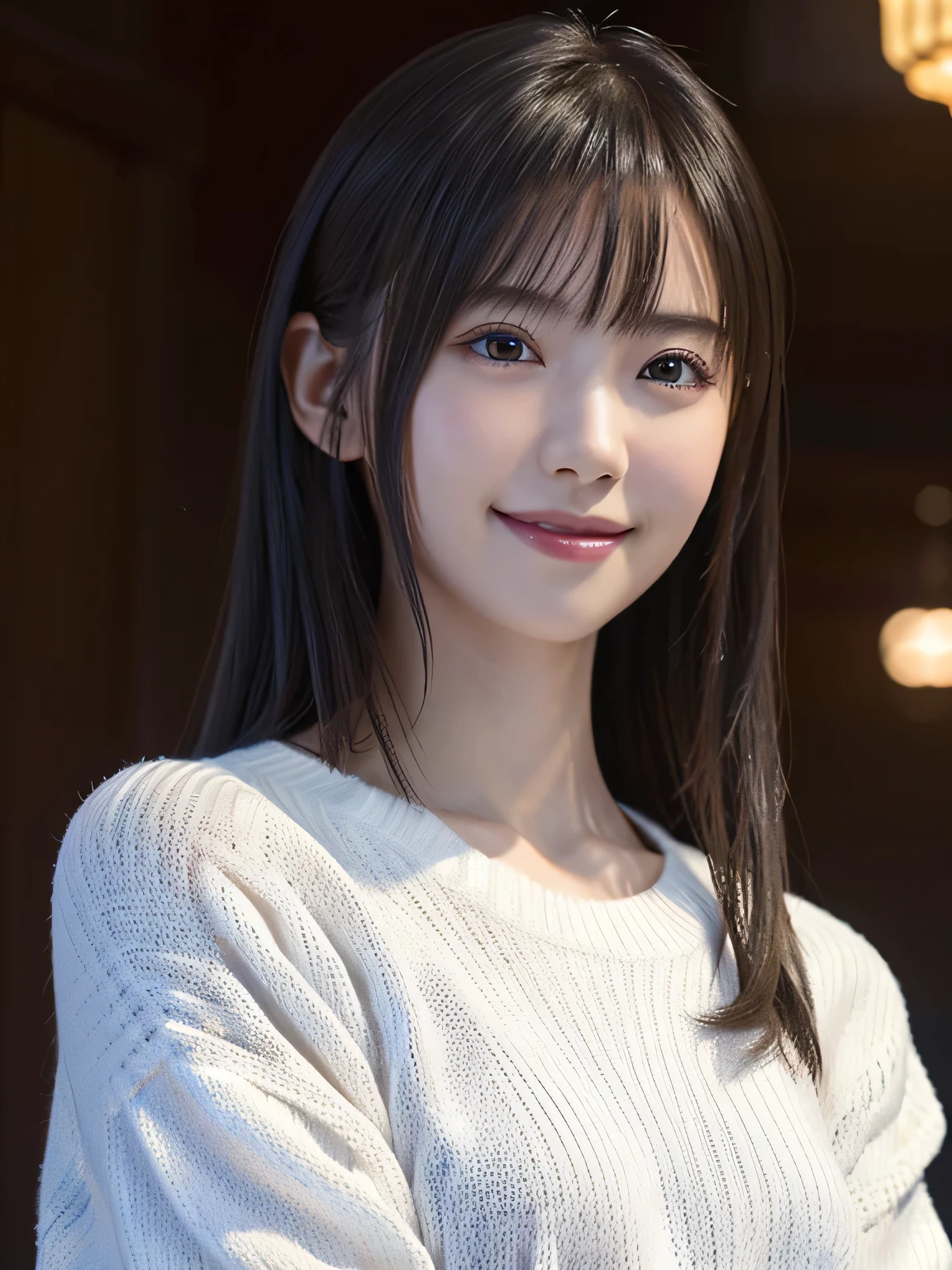 1 Japanese girl,(White sweater:1.4), (RAW Photos, Highest quality), (Realistic, Realistic:1.4), Tabletop, Very delicate and beautiful, Very detailed, 8k wallpaper, wonderful, In detail, Very detailedなCG Unity, High resolution, Soft Light, Beautiful details 19 years old, Very detailedな目と顔, Beautiful and sophisticated nose, Beautiful details,Cinema Lighting,Perfect Anatomy,Slender body,smile  (Asymmetrical bangs,)