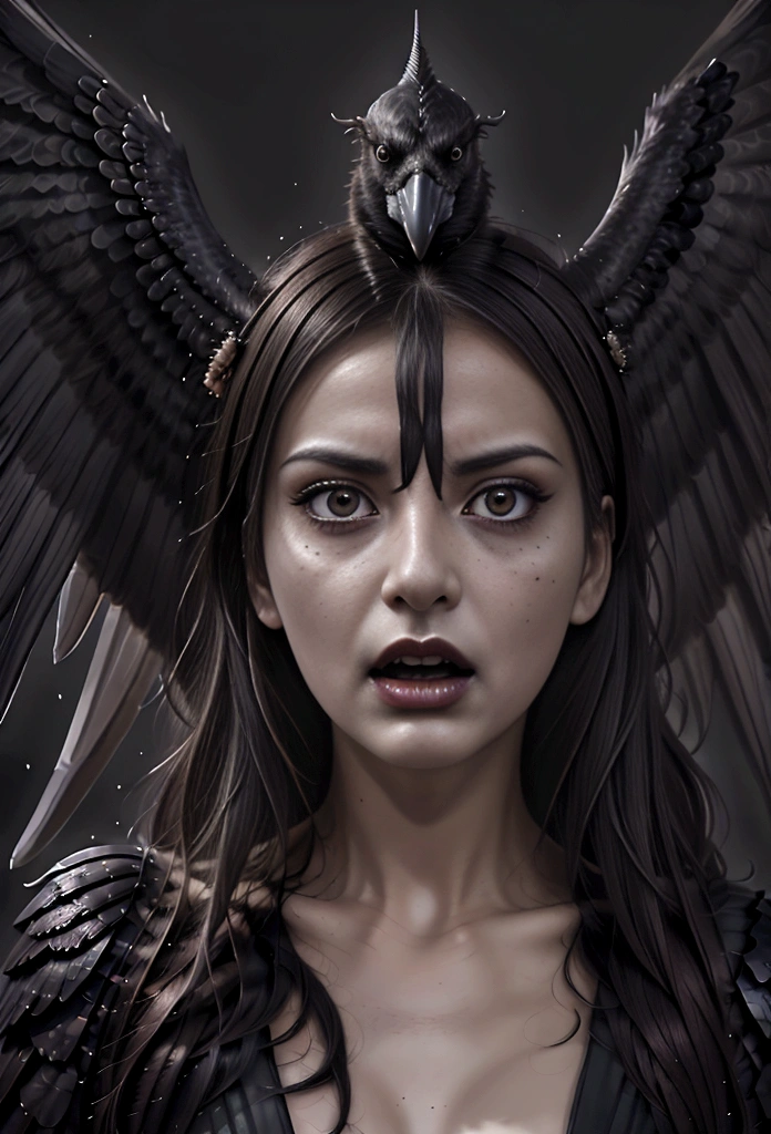a close up of a person with a bird on their head, harpy, harpy woman, satanic wings, intense black line art, intense line art, screaming. not realistic, nightmare digital art, portrait of the death angel, artistic drawing of a crow, dark outlines, scary angry pose, dark but detailed digital art, anger. hyper detailed
