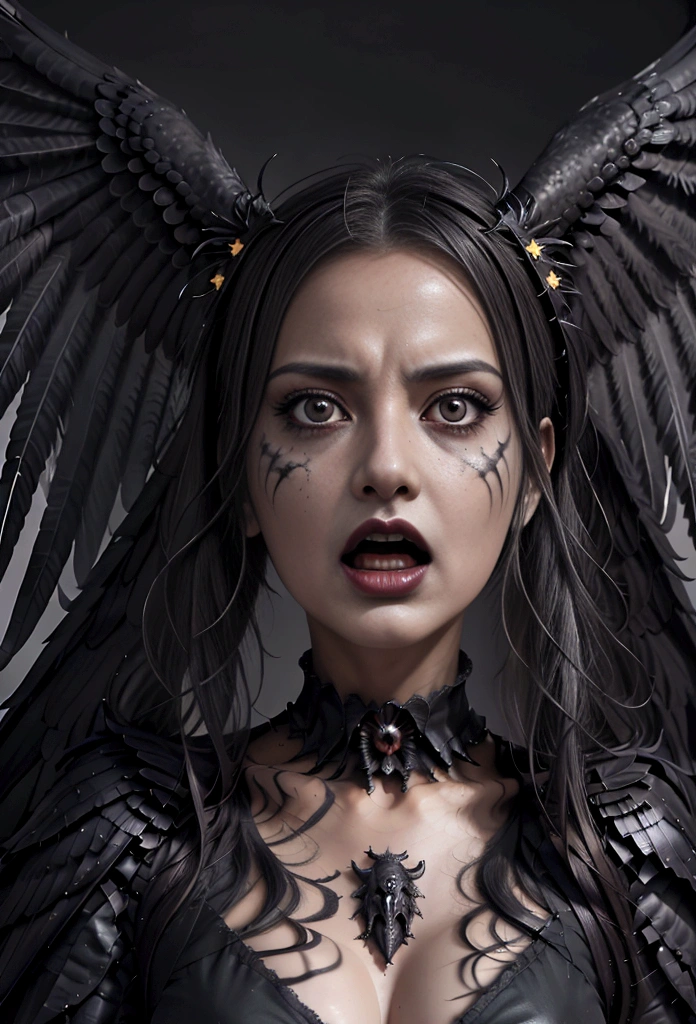 a close up of a person with a bird on their head, harpy, harpy woman, satanic wings, intense black line art, intense line art, screaming. not realistic, nightmare digital art, portrait of the death angel, artistic drawing of a crow, dark outlines, scary angry pose, dark but detailed digital art, anger. hyper detailed