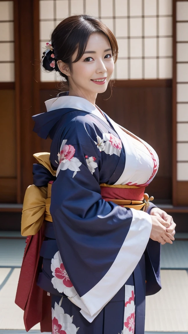 Mature attractive sexy woman,46 years old, ((kimono)),(((kimono))),Shut,((Big Breasts:1.2)),(Facial wrinkles:1.3),light makeup,Light brown hair,Long Hair,(Full body photo:0.85),(Emphasize big buttocks),8K, RAW Photos, Highest quality, Laughter,masterpiece,Highest quality、A kind smile、A captivating gaze、Random hairstyle、Japanese-style room、Shoji Screen、lanthanum、