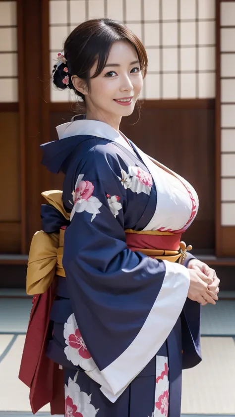 Mature attractive sexy woman,46 years old, ((kimono)),(((kimono))),Shut,((Big Breasts:1.2)),(Facial wrinkles:1.3),light makeup,L...