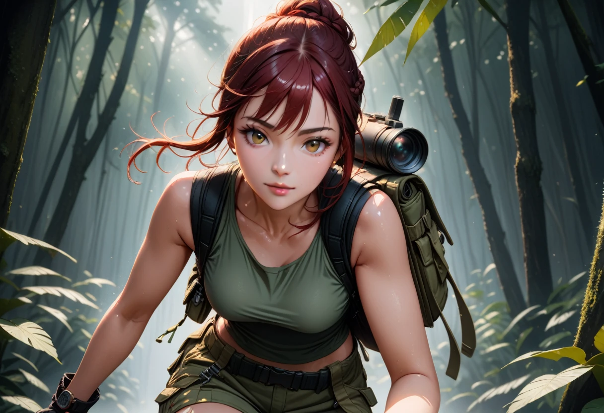 8k resolution, depth of field, lens flare, photorealistic,((best quality)), (((intricate details))), highly detailed, (((cinematic effect))), looking at viewer,A young red-haired woman usually dressed in a tank top, often olive green or black, tight-fitting and sleeveless, allowing freedom of movement. She wears shorts or cargo pants, usually khaki or dark green in color, with several pockets to store her equipment. His outfit includes a utility belt with a buckle, pistols in a holster on each side, and additional pouches for ammo and tools. She wears sturdy combat boots that provide ankle support and grip for climbing and running. Lara also wears fingerless gloves, a watch, and a backpack to carry larger items. Her hair is usually tied into a practical ponytail or braid. , emphasizing his desire for adventure in the Amazon forest,no anatomical defects, fine details, dynamic lighting, high quality.