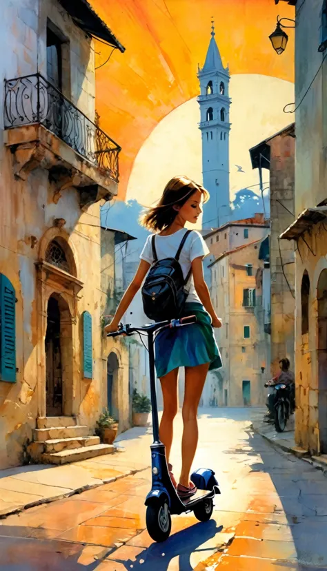 street of a classic Italian stone town: 1.5, sunrise, great detail of buildings, towers, pretty 1girl on 1scooter in the scene (...