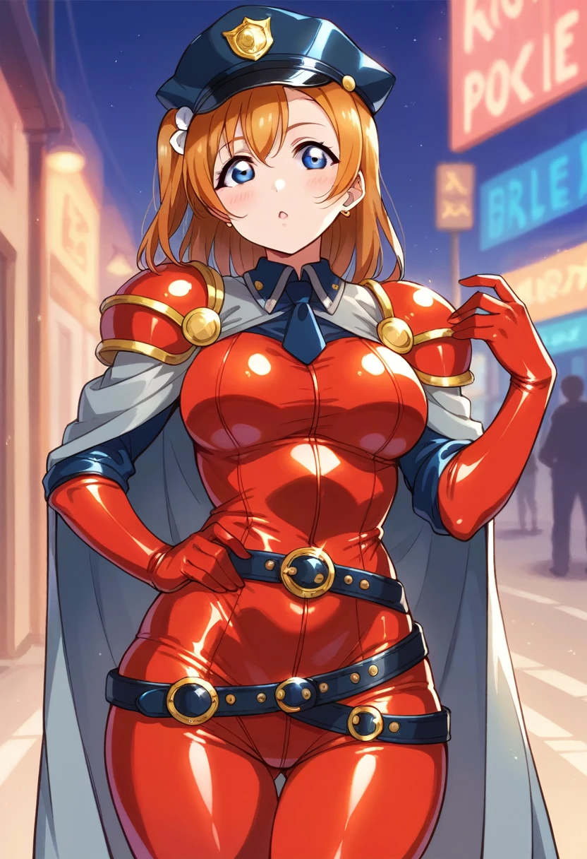 Honoka kousaka love live, blue eyes, orange hair, solo, Fashion , red latex bodysuit, belt, police cap, shoulder armor,gray cape , curvy body, cowboy shot, standing,in street 