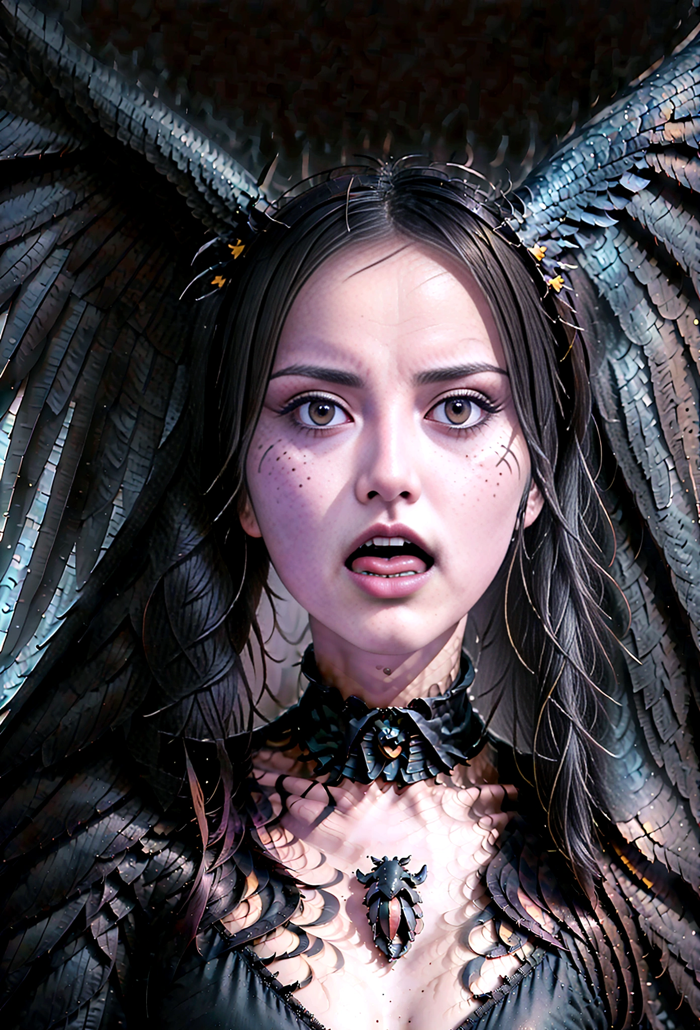 a close up of a person with a bird on their head, harpy, harpy woman, satanic wings, intense black line art, intense line art, screaming. not realistic, nightmare digital art, portrait of the death angel, artistic drawing of a crow, dark outlines, scary angry pose, dark but detailed digital art, anger. hyper detailed