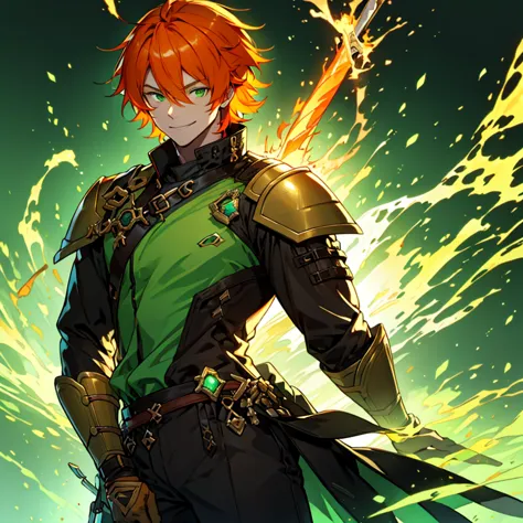 a man, orange hair, green eyes, green colored flame on his left eye, smiling widely, holding greatsword on his shoulder, wearing...