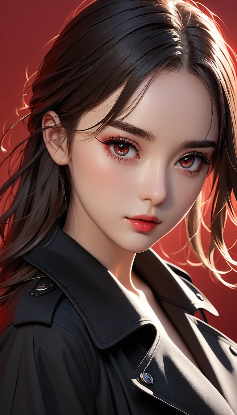 (masterpiece，high quality，8K).beautiful girl，Skin details，Bright Eyes，Thick eyelashes，Unique，Staring at the audience），（Black trench coat set：1.37，belt）。Light and Shadow，Clean and simple red background