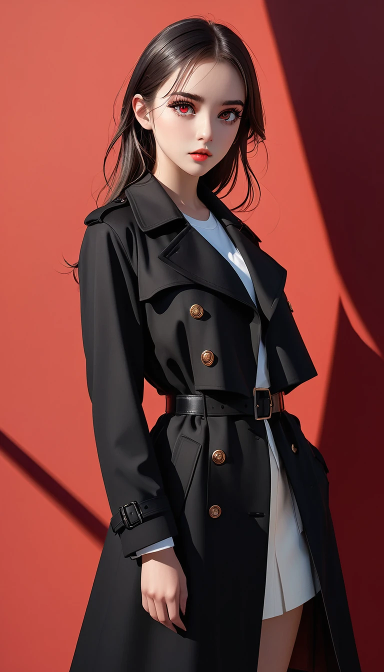 (masterpiece，high quality，8K).beautiful girl，Skin details，Bright Eyes，Thick eyelashes，Unique，Staring at the audience），（Black trench coat set：1.37，belt）。Light and Shadow，Clean and simple red background