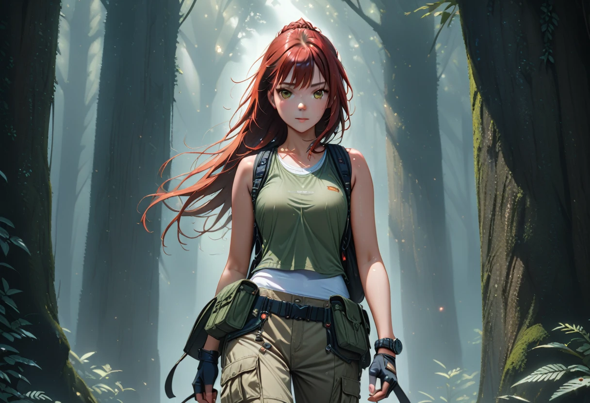 8k resolution, depth of field, lens flare, photorealistic,((best quality)), (((intricate details))), highly detailed, (((cinematic effect))), looking at viewer,A young red-haired woman usually dressed in a tank top, often olive green or black, tight-fitting and sleeveless, allowing freedom of movement. She wears shorts or cargo pants, usually khaki or dark green in color, with several pockets to store her equipment. His outfit includes a utility belt with a buckle, pistols in a holster on each side, and additional pouches for ammo and tools. She wears sturdy combat boots that provide ankle support and grip for climbing and running. Lara also wears fingerless gloves, a watch, and a backpack to carry larger items. Her hair is usually tied into a practical ponytail or braid. , emphasizing his desire for adventure in the Amazon forest,no anatomical defects, fine details, dynamic lighting, high quality.