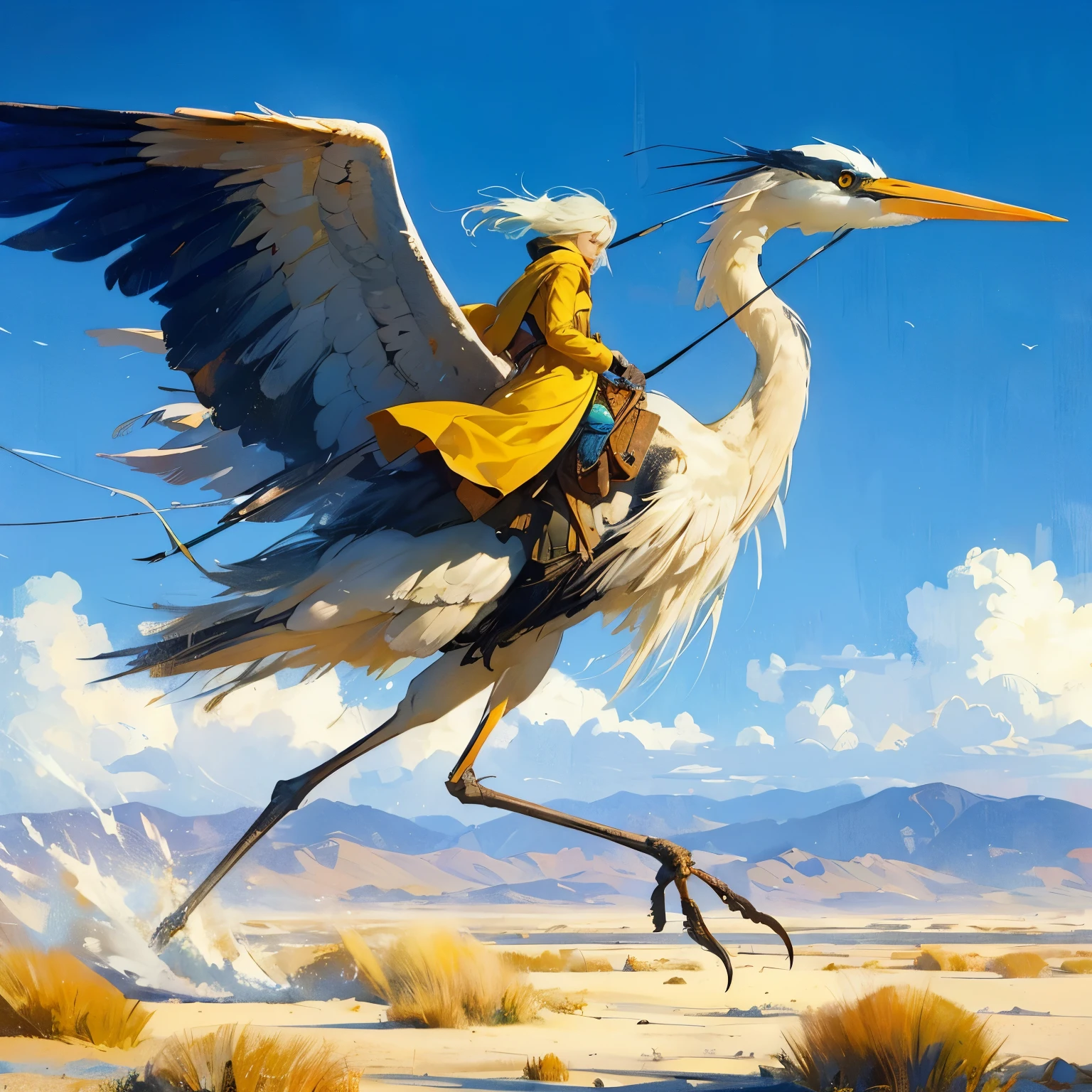 Erschaffe eine Hauptfigur, einen 20 Fuß großen, zweibeinigen Vogel, der einen weißhaarigen Mann in einem Sattel trägt, zweibeiniger Vogel, der dem großen blauen Reiher ähnelt, der Vogel ist gesät, der Vogel hat nur zwei Beine, Vogel hat nur zwei Beine, in einer wunderschönen flachen Wüstenlandschaft eines 3D-Videospiels, dynamische pose, auf einem riesigen, hohen Blaureiher reitend, Jean Giraud, extreme Totale, im Spritzimpressionismus-Kunststil, Die Hauptfigur trägt einen langen gelbbraunen Trenchcoat mit Kapuze und getönter Schutzbrille, endlose Meilen wehender Sanddünen, Reiter in weiter Ferne, blauer Himmel mit wogenden weißen Wolken rosa gefärbt, wehender kochender wirbelnder Wind, wehende Grasblätter, dunkelgelb und azurblau, majestätisch, beeindruckende Seestücke, fotorealistische Darstellung, anmutiges Gleichgewicht, wimmelbilder, Andrew Wyeth, orange, Grasblätter, im Kunststil von Jean Giraud,flynnrider
