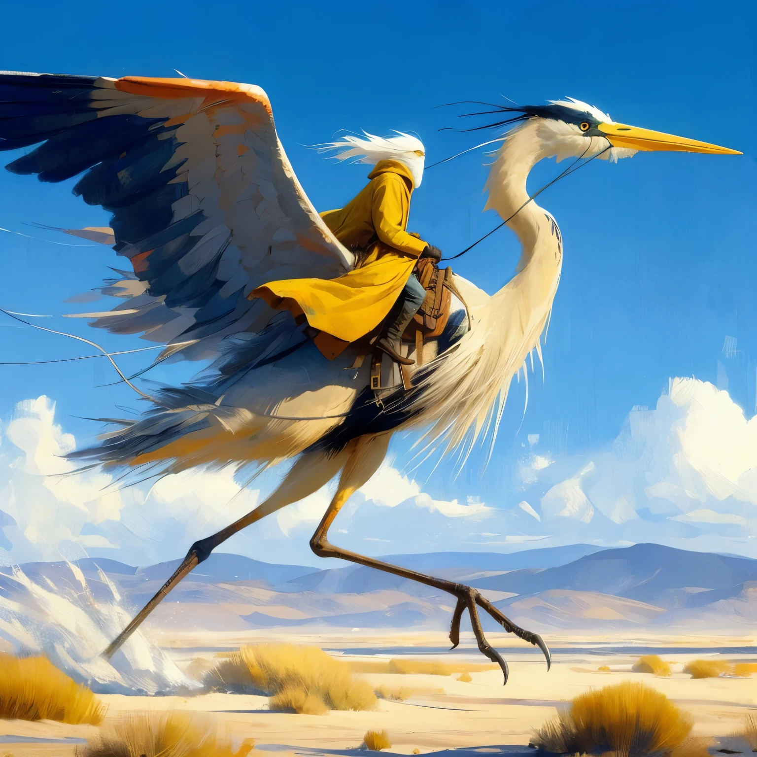 Erschaffe eine Hauptfigur, einen 20 Fuß großen, zweibeinigen Vogel, der einen weißhaarigen Mann in einem Sattel trägt, zweibeiniger Vogel, der dem großen blauen Reiher ähnelt, der Vogel ist gesät, der Vogel hat nur zwei Beine, Vogel hat nur zwei Beine, in einer wunderschönen flachen Wüstenlandschaft eines 3D-Videospiels, dynamische pose, auf einem riesigen, hohen Blaureiher reitend, Jean Giraud, extreme Totale, im Spritzimpressionismus-Kunststil, Die Hauptfigur trägt einen langen gelbbraunen Trenchcoat mit Kapuze und getönter Schutzbrille, endlose Meilen wehender Sanddünen, Reiter in weiter Ferne, blauer Himmel mit wogenden weißen Wolken rosa gefärbt, wehender kochender wirbelnder Wind, wehende Grasblätter, dunkelgelb und azurblau, majestätisch, beeindruckende Seestücke, fotorealistische Darstellung, anmutiges Gleichgewicht, wimmelbilder, Andrew Wyeth, orange, Grasblätter, im Kunststil von Jean Giraud,flynnrider
