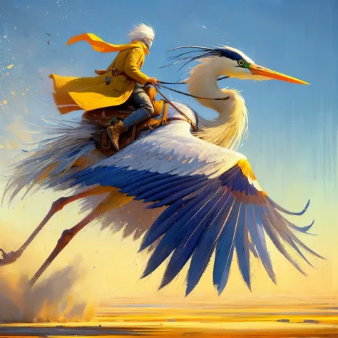 create a main character an 20 foot tall large two legged bird carrying a white haired man in a saddle, two leg bird similar to t...