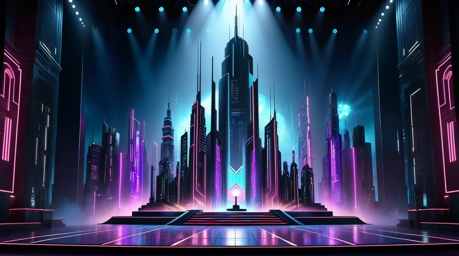 Cyberpunk，There is a tall building，There are a lot of lights on it, The back of the scene design element, depicted as a 3 d render, Set design, Stage lighting, Set Photo, Virtual Scene, detailed Set design, Pageant rendering, 3D rendering style, Stage Background, raytraced 3d Set design, 3D rendering evenly lit, monument