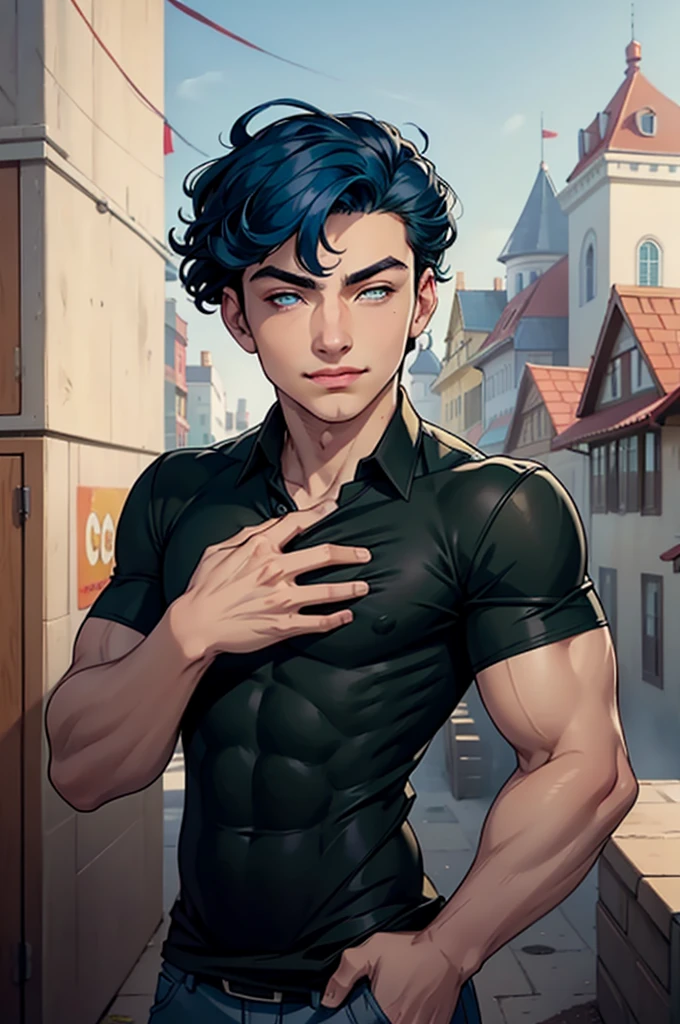 Masterpiece, best quality, 1boy, solo, male, teenage boy,15 years old, cute, clean face, handsome, perfect face, curly hair style, deep blue hair, oval shaped eyes, green eyes, clever eyes, shiny eyes, Disney style eyes, small nose, impressed expressions , detailed face, standing, visible from chest to chestconfirmed pose, half smiling, wearing black shirt, collared shirt, buttoned up, tight black shirt, muscular, shoulder muscles, sleeves up, upto chest, portrait style,looking at viewer, city in background, light and shadow