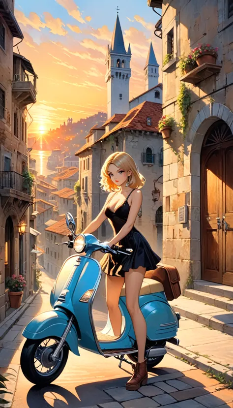 street of a classic Italian stone town: 1.5, sunrise, great detail of buildings, towers, 1girl, pretty 1girl on 1scooter in the ...