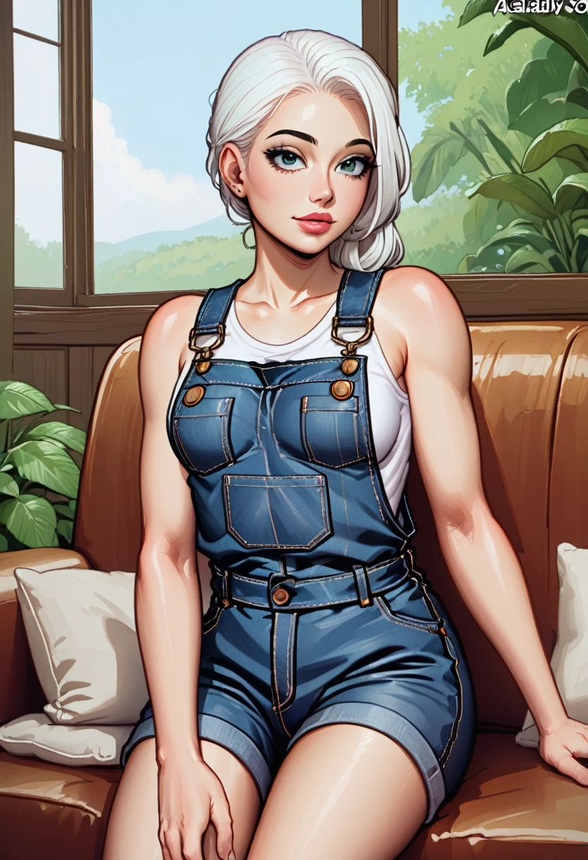 +Masterpiece, best quality, super detailed, a , beautiful face, rich details, (long white hair), perfect face, overalls, sitting, close-up, shabby sofa