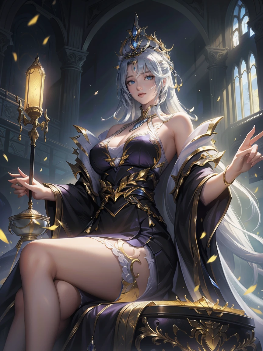 (masterpiece:1.2),best quality,(illustration:1.2),(Super detailed),Ultra Detail,(Fine details),(Intricate details),(light, best quality Backlights),Clear boundaries,From below,Female only,Perfect body,(1 Girl),white hair,Glowing eyes,(Black see-through clothes),(crown:1.1),Sitting on the throne,Close your eyes slightly,look down,Turn your head,( Shy:1.2),((cosmetic)),High contrast,(Optimal lighting, extremely delicate and beautiful),((light)),rich and colorful,