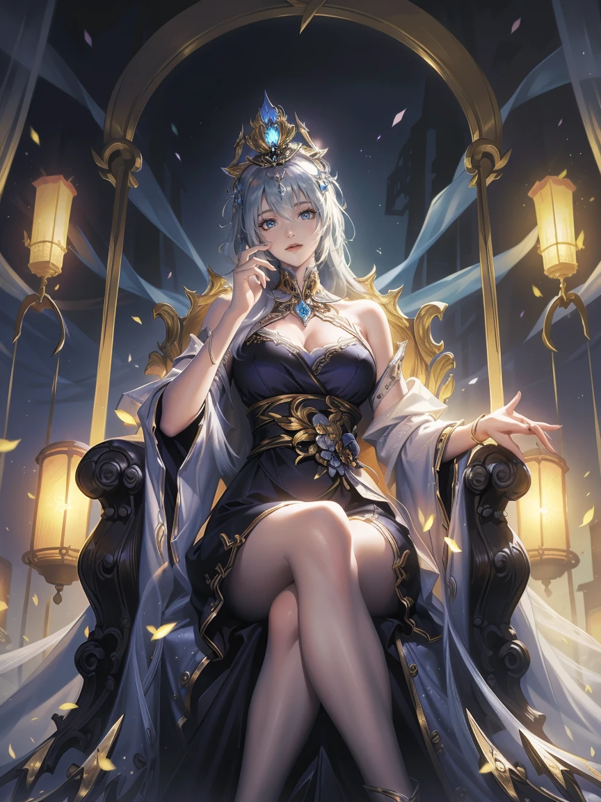 (masterpiece:1.2),best quality,(illustration:1.2),(Super detailed),Ultra Detail,(Fine details),(Intricate details),(light, best quality Backlights),Clear boundaries,From below,Female only,Perfect body,(1 Girl),white hair,Glowing eyes,(Black see-through clothes),(crown:1.1),Sitting on the throne,Close your eyes slightly,look down,Turn your head,( Shy:1.2),((cosmetic)),High contrast,(Optimal lighting, extremely delicate and beautiful),((light)),rich and colorful,