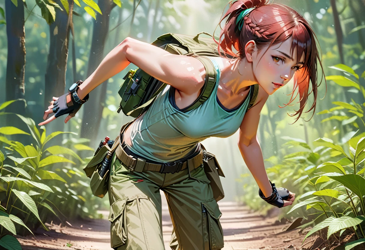 8k resolution, depth of field, lens flare, photorealistic,((best quality)), (((intricate details))), highly detailed, (((cinematic effect))), looking at viewer,A young red-haired woman usually dressed in a tank top, often olive green or black, tight-fitting and sleeveless, allowing freedom of movement. She wears shorts or cargo pants, usually khaki or dark green in color, with several pockets to store her equipment. His outfit includes a utility belt with a buckle, pistols in a holster on each side, and additional pouches for ammo and tools. She wears sturdy combat boots that provide ankle support and grip for climbing and running. Lara also wears fingerless gloves, a watch, and a backpack to carry larger items. Her hair is usually tied into a practical ponytail or braid. , emphasizing his desire for adventure in the Amazon forest,no anatomical defects, fine details, dynamic lighting, high quality.