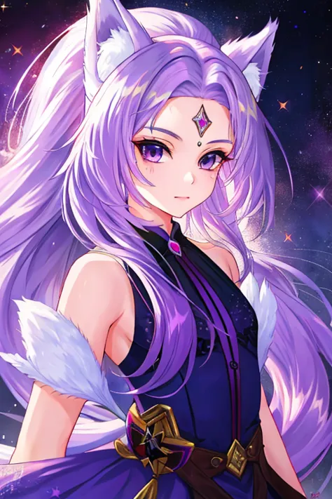 young girl with long light purple hair, purple eyes, fox eyes, crystallized foxtails, and has three small marks on her forehead