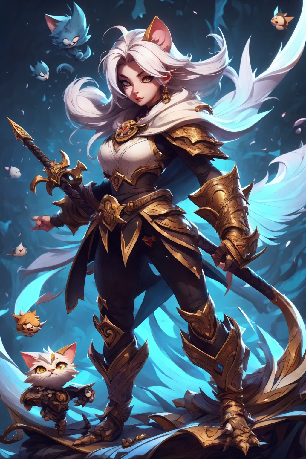 a cat warrior character,  inspired by Lü Bu, full body, chibi, advanced digital chibi art, g liulian art style, maplestory mouse, bian lian, chibi art, league of legends art style, character art of maple story,