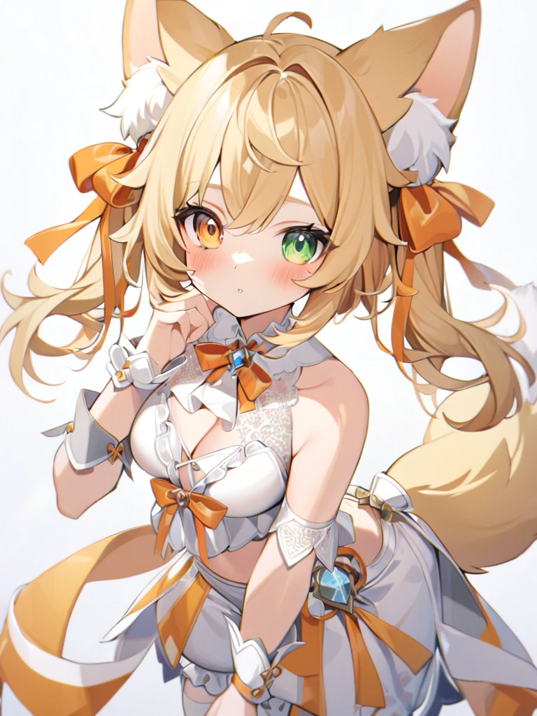 1girl, animal ears, bangs, bare shoulders, blonde hair, blush, bow, breasts, white cleavage, cropped torso, , green eyes, hair ribbon, heterochromia,  stlooking at viewer, , orange bow, orange eyes, orange ribbon, ears like an unearthly animal, fluffy tail, light tail, real tail, ribbon, solo, stuffed animal, stuffed bunny, stuffed toy, twintails, upper body, full-length, white legbands, white shoes with lace and white bows, white background, wrist cuffs, yellow eyes, bloomers, close-up, fair skin frills, lace, midriff, skirt, solo, , white background,shorts, white top with ribbon and lace and trousers,trousers, genshin,white slippers with a bow,All clothes are white, laceAt full height, it stands, в полный рост