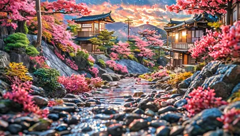 Landscape painting, location is Japan, scene with many bills falling from the sky, Japanese money, currency, coins, no people, o...