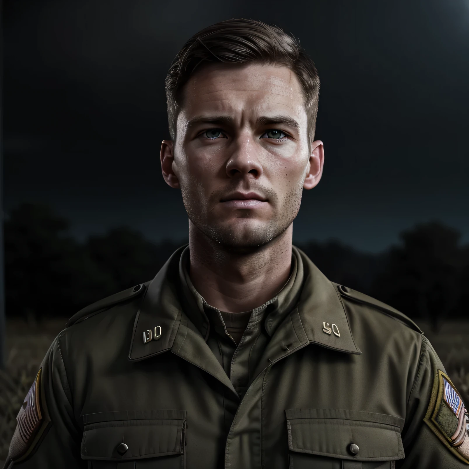 Height 183 cm、White people，30 years old，Brown hair，Lieutenant rank，smokes，bust，Serious expression，American Soldier，Head down，Full of the vicissitudes of war，In the command post，The sky is dark，With light rain，Realistic style，High-definition graphics