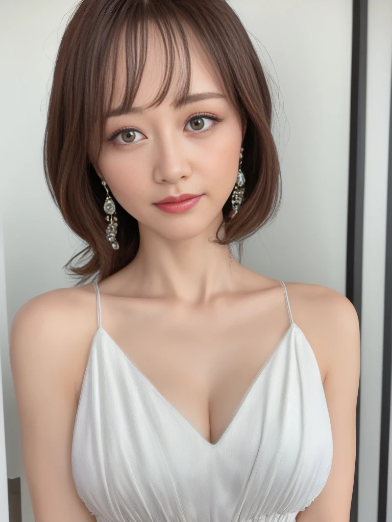 ((Highest quality、8K、masterpiece:1.3))、One Girl、Beautiful Japanese woman highlighting her slim abs:1.3、(Random Hairstyles:1.2)、Cleavage、Glossy silk camisole dress、Highly detailed face、Detailed eyes、double eyelid、Medium chest、Big earrings、Full body photography
