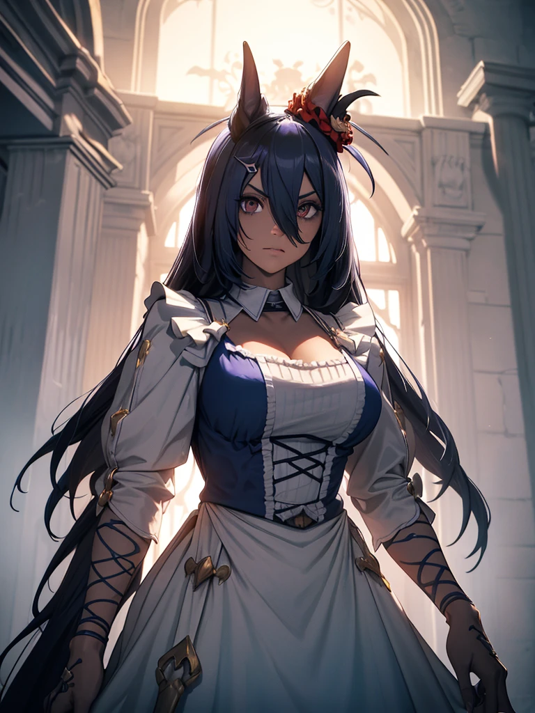 (​masterpiece、top-quality、hight resolution、Unity 8k Wallpaper、extremely details CG:1), An illustration of a skeletal maid, an undead figure dressed in a formal maid uniform. Despite being nothing but bones, she carries herself with grace and poise, embodying the essence of a dedicated maid. Her attire includes a traditional maid's dress, apron, and a lace headpiece, all meticulously maintained. The skeletal maid is depicted in a respectful, non-threatening manner, emphasizing that she never attacks people. The background could be a grand, gothic-style mansion, enhancing the eerie yet refined atmosphere.