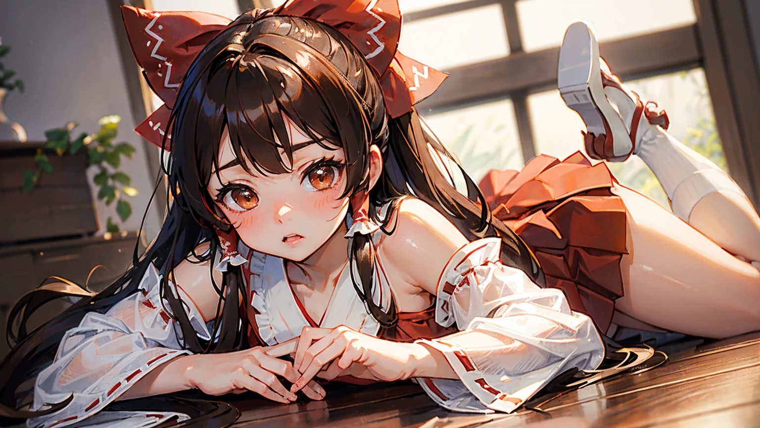 Hakurei Reimu, (Brown eyes:1.5), Brown Hair, bow, hair bow, Capillary, Long Hair, red bow, Side Lock, Ascot, Bare shoulders, Black footwear, Do not sleeve, Decorative clothing, decorate, kimono, Unconventional Shrine Maiden, red skirt, Sandals, Salahi, skirt, socks, White sleeves, white socks, Wide sleeves, yellow Ascot, to you, (((sexy micro red skirt))) "Images reflecting Reimu Hakurei&#39;s incredible purification and sealing abilities.、Captures the mystical essence of Reimu Hakurei。, And God々Her unique connection to the power of. Create a visual identity，The power and divinity of the Hakurei Shrine Maiden in the enchanting world of Gensokyo々We convey the beauty of!"，Rotate 45 degrees sideways