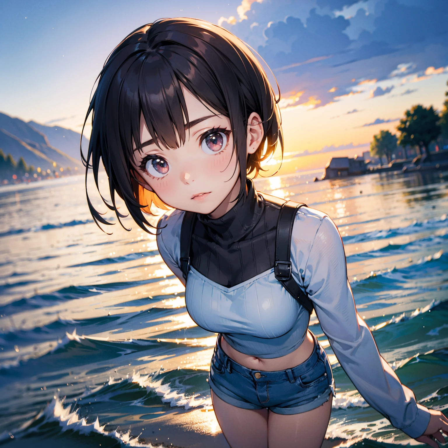 8K quality,(super masterpiece:1.3),Highest quality,Detailed Images,The real picture,Natural lighting,symmetrical beauty,1 female,Yuffie Kisaragi,Hairstyle(short hair),clothing(head band,turtleneck,No sleeve,Shorts),(very cute:1.3),(Face directly towards the camera,Looking directly at the viewer,looking at the camera,The body faces the viewer,The body is facing the direction of the camera,Face looking straight into the camera).