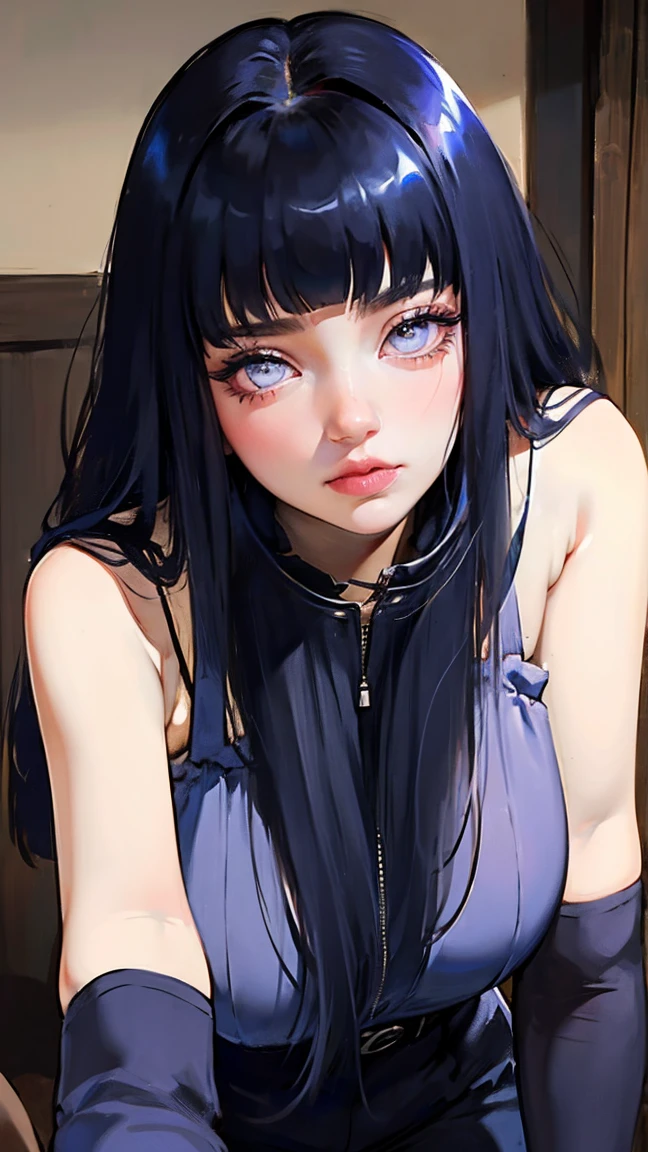 1 chica, primer plano de la cara, Adulto, Hinata Hyuga, El último, chica tímida, pelo largo y negro, flequillo contundente, pelo oscuro, cabello voluminoso, lavender eyes, sin alumnos, Blusa sin mangas lavanda, botas largas negras, pantalones cortos azul marino, Medias negras translucidas, funda, Vendaje en el muslo, sandalias abiertas, pechos grandes, Caderas anchas, Piernas torneadas, cintura delgada, obra maestra, mejor calidad, Profesional, Realista.