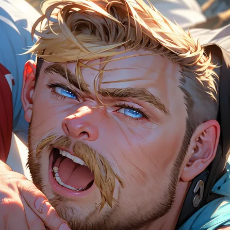 (masterpiece, best quality ), 1man chris hemsworth, muscular, short hair, blue eyes, blonde, cute, small mustache