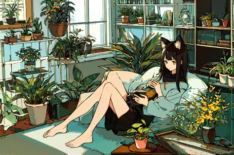 a girls, from above, plant, black hair, cat, lying, indoors, holding, long sleeves, long hair, stuffed toy, potted plant, book, ...