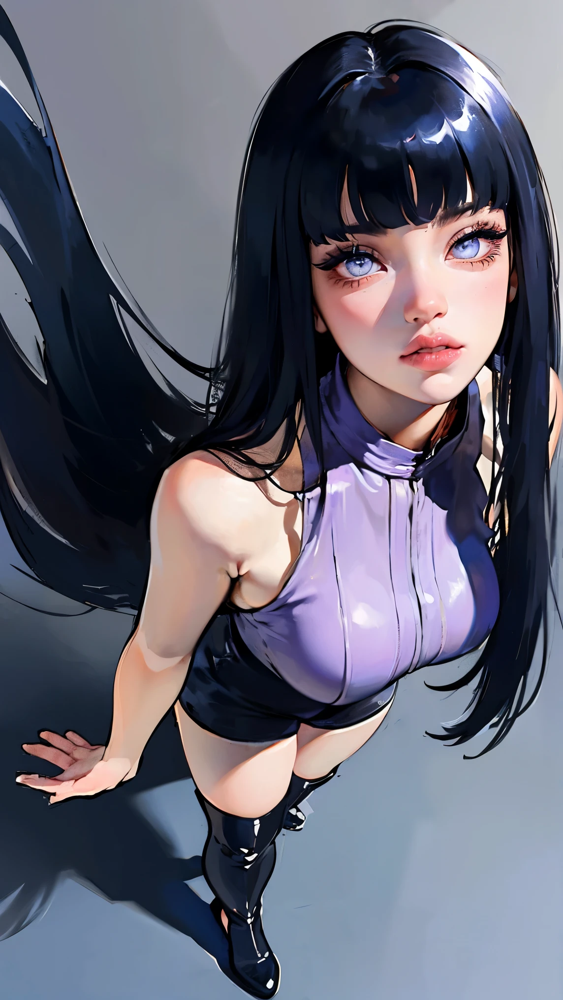 1 chica, primer plano de la cara, Adulto, Hinata Hyuga, El último, chica tímida, pelo largo y negro, flequillo contundente, pelo oscuro, cabello voluminoso, lavender eyes, sin alumnos, Blusa sin mangas lavanda, botas largas negras, pantalones cortos azul marino, Medias negras translucidas, funda, Vendaje en el muslo, sandalias abiertas, pechos grandes, Caderas anchas, Piernas torneadas, cintura delgada, obra maestra, mejor calidad, Profesional, Realista.